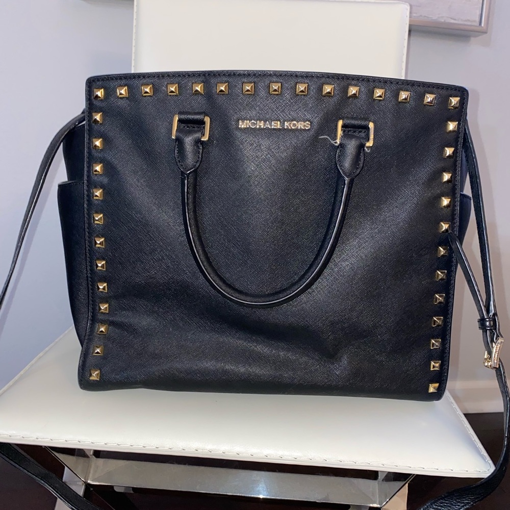 Michael Kors XL Black and Gold Selma Stud Satchel